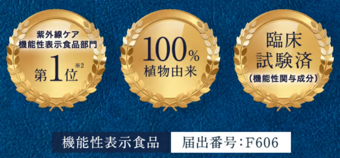 紫外線ケア　機能性表示食品部門第１位　100%植物由来　臨床試験済(機能性関与成分)　機能性表示食品届出番号：F606